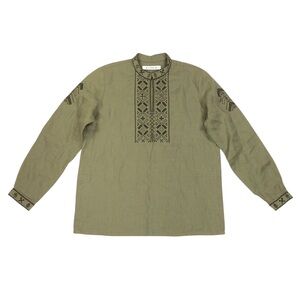 ETNODIM Men's Linen Embroidered Shirt Size Medium Long Sleeve Green